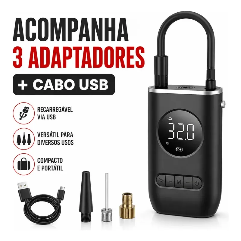 Compressor acompanha 3 adaptadores e cabo USB, recarregável e compacto