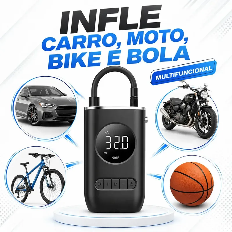 Infla carro, moto, bike e bola com o mesmo compressor digital