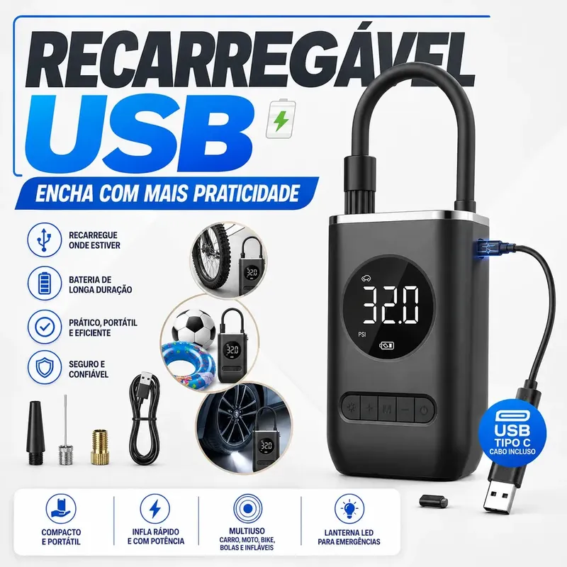 Compressor recarregável via USB com lanterna LED e bateria de longa duração
